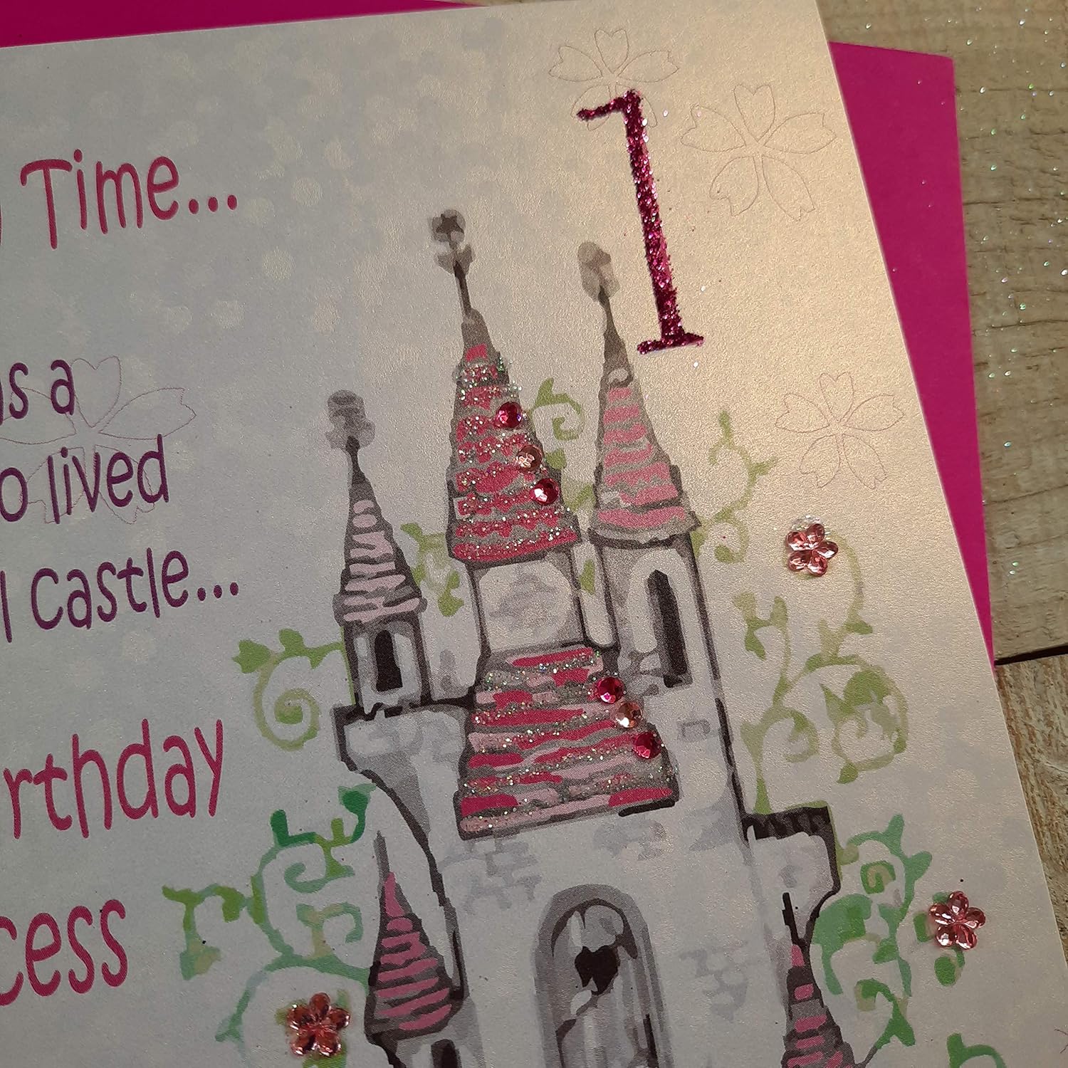 white cotton cards Once Upon A Time…Happy Princess 1, Handmade 1st Birthday Card (Castle), 16cm x 16cm - Image 3