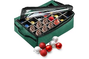 Tiny Tim Totes Ornament Storage Box - Zippered Organizer with 48 Individual Compartments and Dividers for Christmas Bulbs and Decorations (Green)