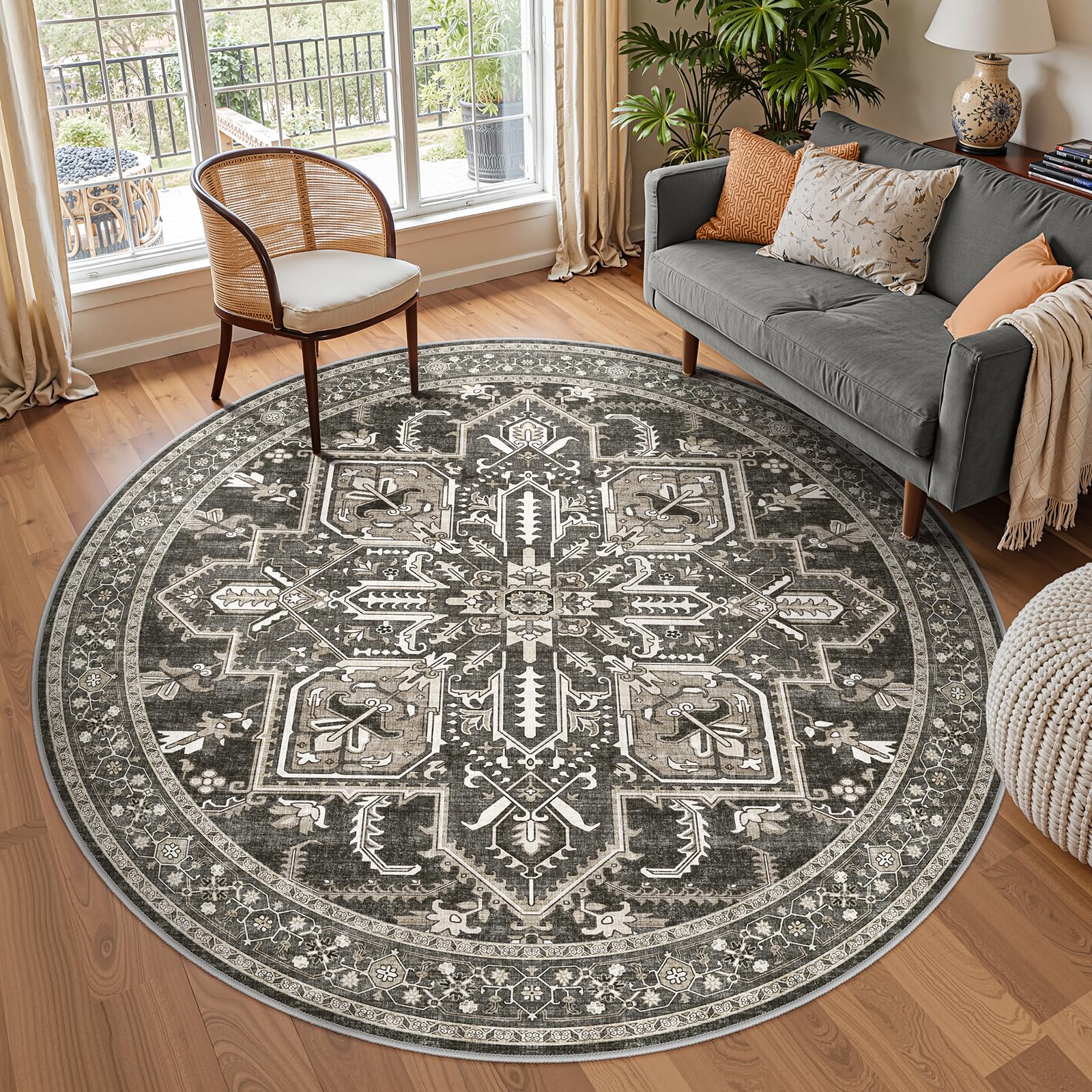 WITSHOCK Round Area Rug 8Ft: Washable Non-Slip Low Pile Large Circle Carpet, Foldable Boho Style Rug for Living Room Bedroom Dining Room Kitchen Nursery Home Office – Pet Kid Safe – Bitter Black Image