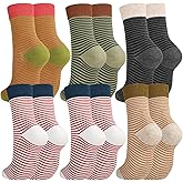 Jspupifip Womens Strip Crew Socks 6 Pairs Cotton Casual Athletic Socks Cute College Style Ribbed Colorful Crew Sock