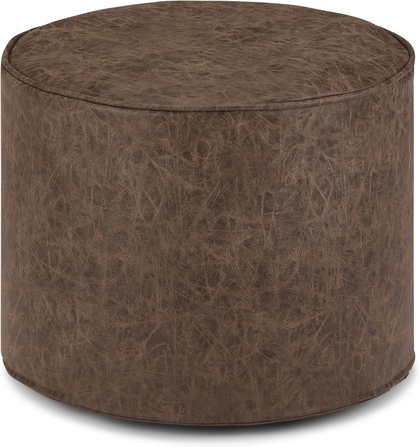 SIMPLIHOME Kearney Round Pouf, Footstool, Upholstered in Distressed Brown Faux Leather, for the Living Room, Bedroom and Kids Room, Transitional, Modern