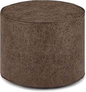 SIMPLIHOME Kearney Round Pouf, Footstool, Upholstered in Distressed Brown Faux Leather, for the Living Room, Bedroom and Kids Room, Transitional, Modern
