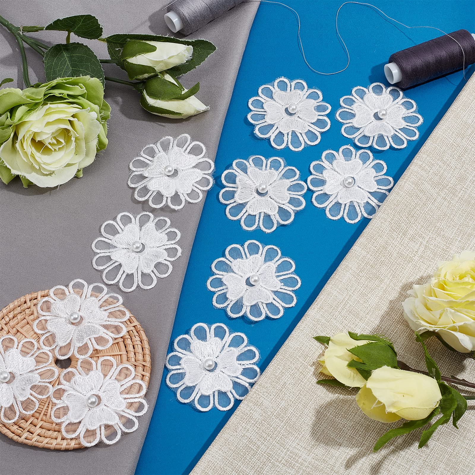 GORGECRAFT 20Pcs White Embroidery Flowers Sew On Patches 3D 12-Petal 2 Layers Lace Flower with Imitation Pearl Lace Embroidered Appliques for Wedding Bridal Dress Embellishment DIY Sewing Crafts