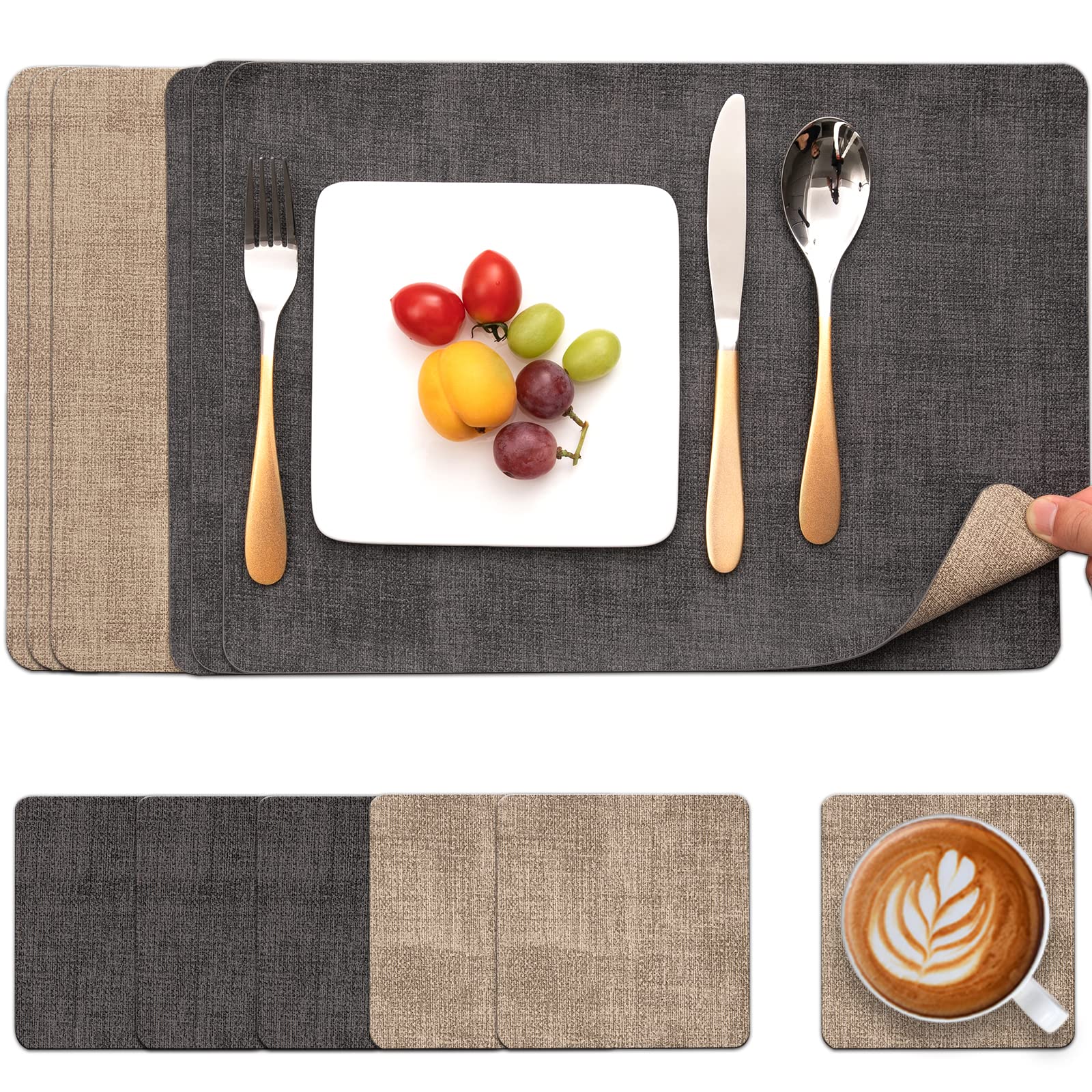 Myir JUN Placemats and Coasters Set of 6, Place Mats Dual Sided Faux Leather Table Mats PU Indoor Outdoor Heat Resistant Placemat Square Non Slip Wipeable Washable Dining Restaurant (Gray Beige)