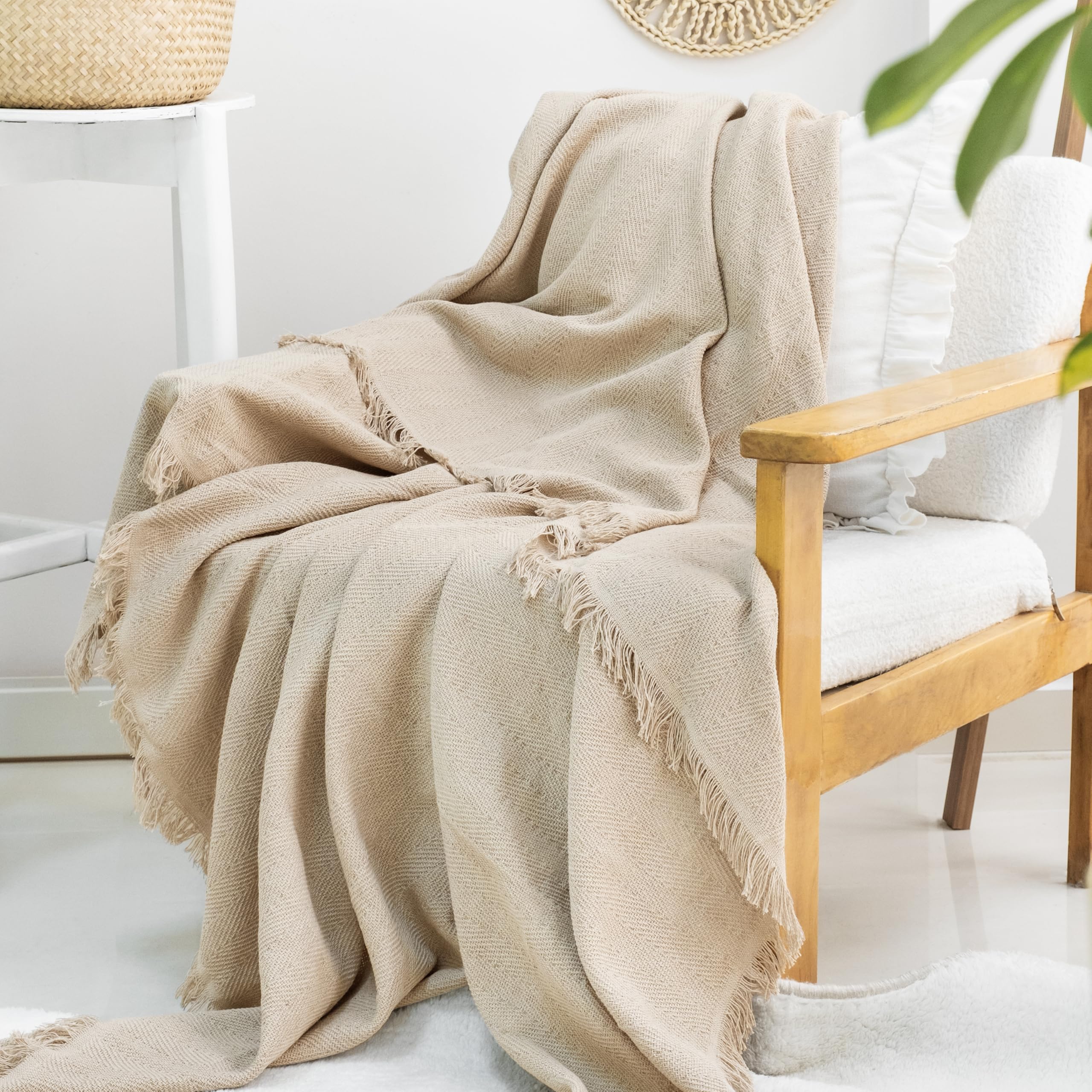 Milam London Cotton Throw Blanket | Soft Throws For Armchairs, Sofa, Settee | Single Bed Throw, Beige - 170 x 200 cm