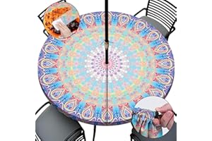 opstellen Round Tablecloth with Umbrella Hole and Zipper Waterproof Fitted Patio Table Cloth Outdoor Tables Cover Cloths Elastic Tablecloths for Camper Picnic Camping Outdoors Outside 45"-56" Boho