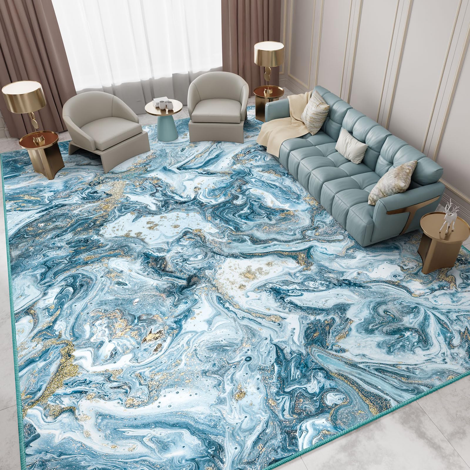 IKALIFE Area Rugs Living Room - 120x170 cm Machine Washable Rug, Soft Short Pile Non-Slip Rugs, Bedroom Dining Room Blue Rug, Kitchen Office Home Modern Carpet