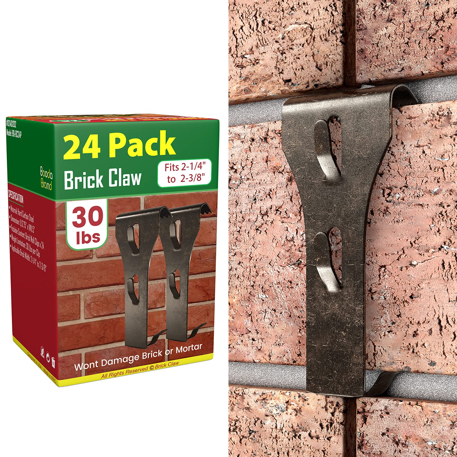 Brick Hook Clips (24 Pack) for Hanging Outdoors, Hangers Fits Standard Size Brick 2-1/4