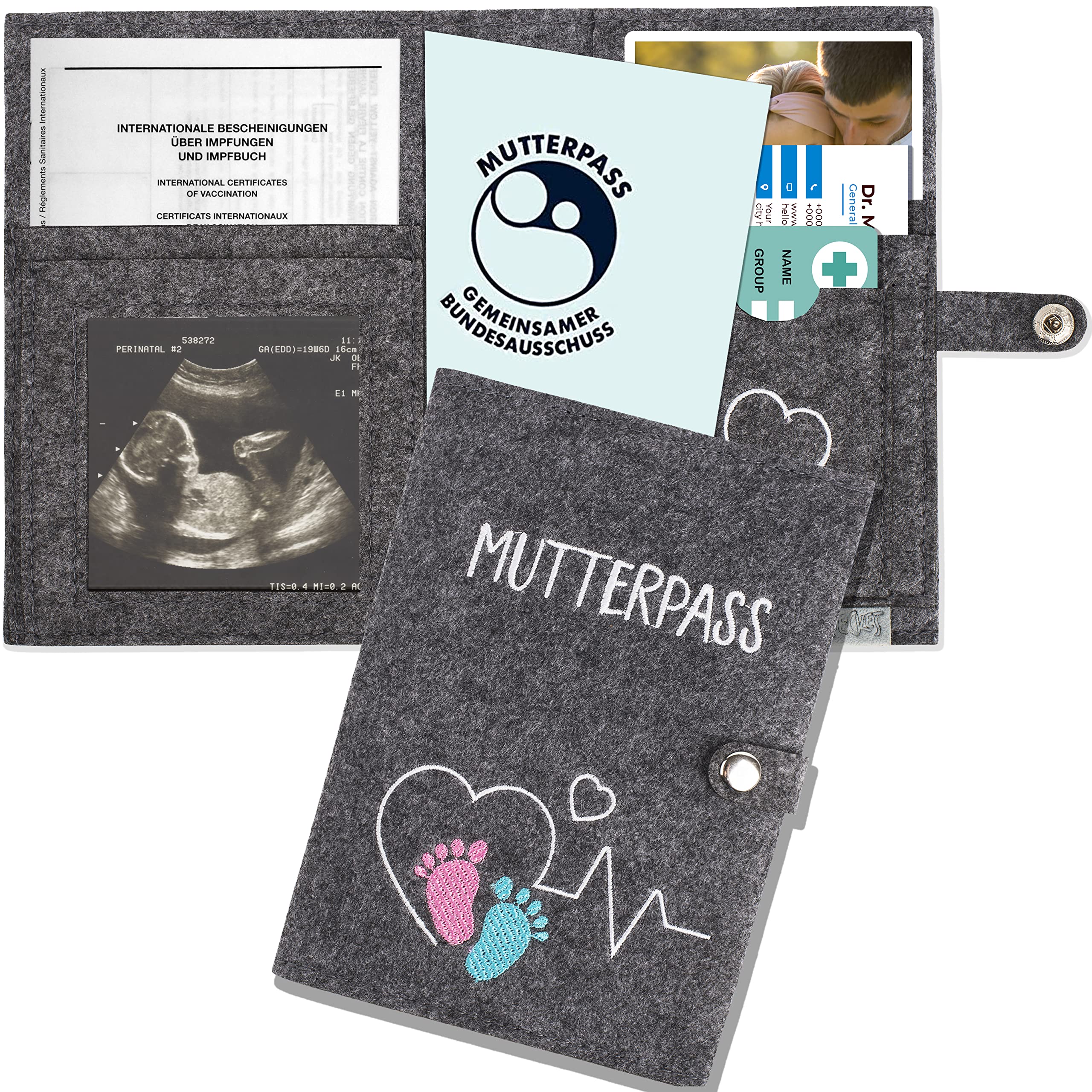 KNECKES Elegant maternity log cover made of felt (grey) with many compartments for ultrasound image, insurance card, vaccination certificate etc. Suitable for the German maternity log (grey).