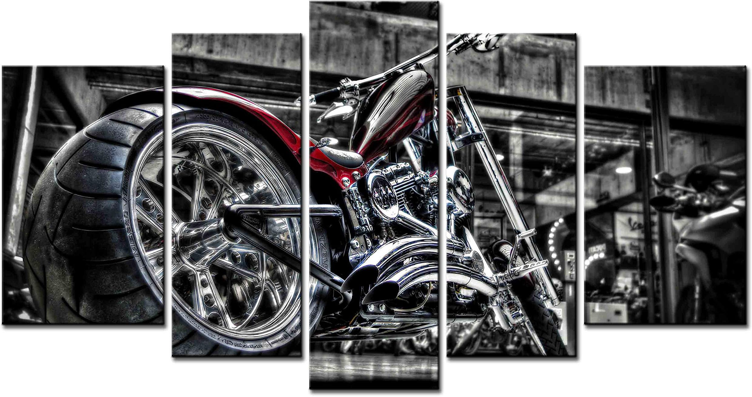SmartWallArt - Vehicle Series Home Decor Artwork Black and Bright Motorcycle Wall Art 5 Piece Paintngs Print on Canvas Framed for Living Room