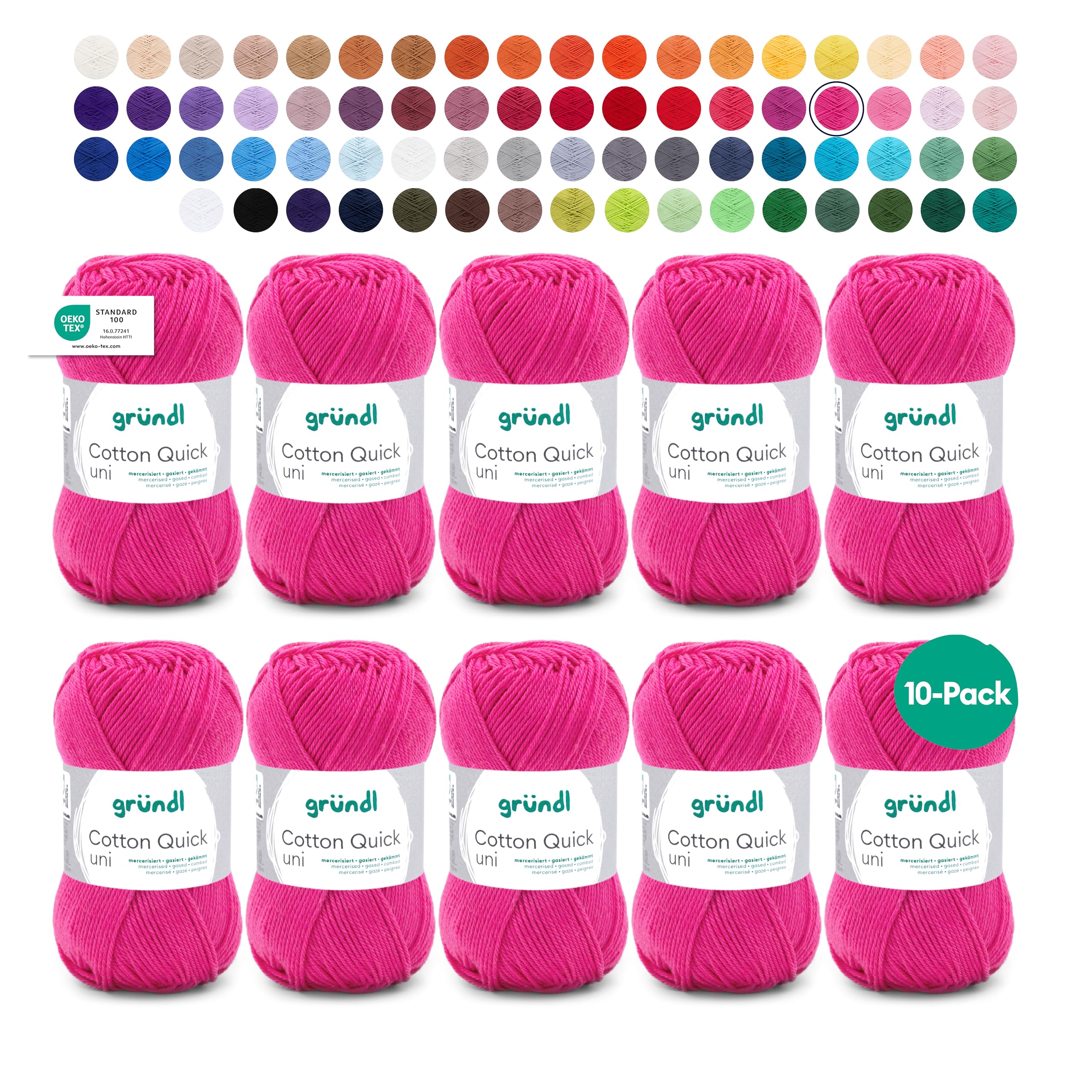 Gründl Cotton Quick Uni knitting/crochet yarn, 10 balls à 50 g (colourful yarn made of 100% cotton, OEKO-TEX certified, 50 g / 125 m, needle size: 3-4, 10 x 50 g), Pink