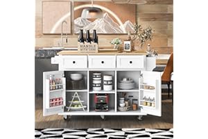 MEETFAV Rollling Kitchen Island Cart with Storage, Moveable Kitchen Island with Drop Leaf, Portable Kitchen Storage Islands & Carts with Drawers and Shelves for Dinning Room, White