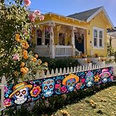 IVN Day of the Dead Banner 118x20 Inch Dia de los Muertos Decorations Colorful Floral Skull Sombrero Banner with Grommets for Outdoor Indoor Yard Porch Garden Mexican Party Decor