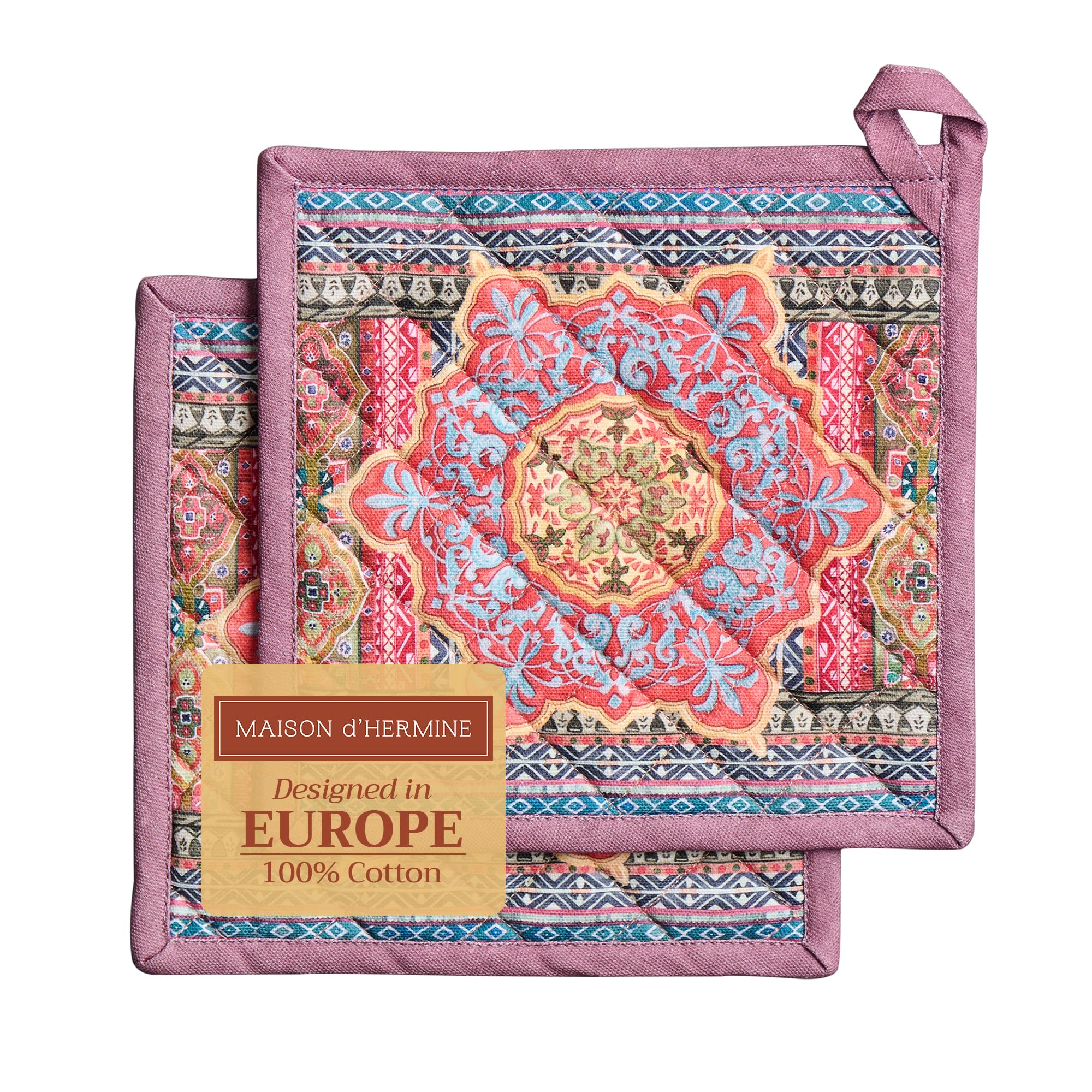 Maison d' Hermine Pot Holders Set 100% Cotton Heat Resistant Potholders 20 cm x 20 cm Hot Pads with Loop for Christmas Decorations BBQ Cooking Baking Handling Hot Pans (Pack of 2, Ispahan)