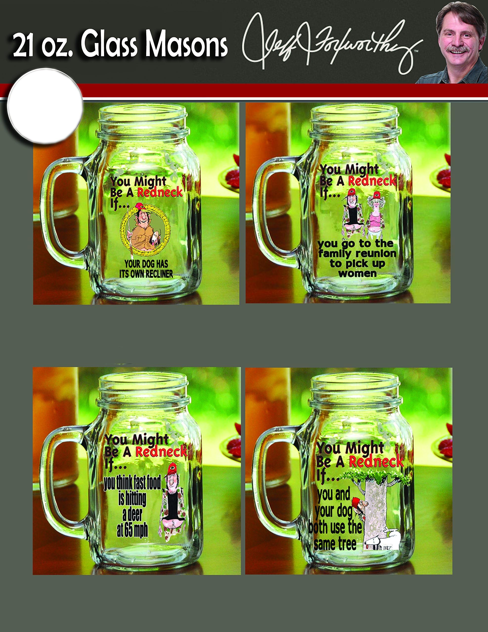 JEFF FOXWORTHY"YOU MIGHT BE A REDNECK IF" 20OZ. GLASS MASON JAR MUG - FAST FOOD DEER