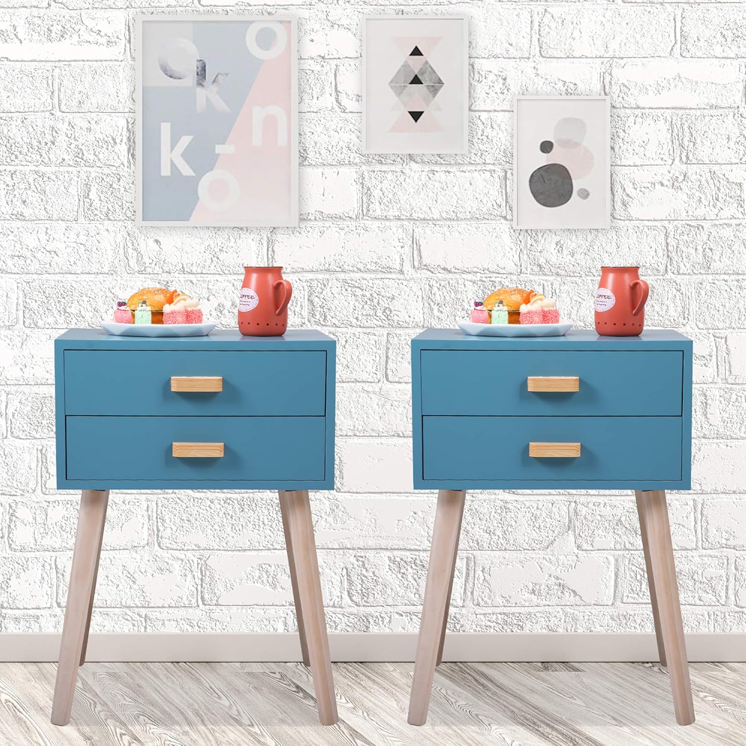 Amazon Com Jaxpety Set Of 2 Nightstand 2 Drawers Wood Bedside End Table Storage Cabinet Mid Century Modern Style For Bedroom Living Room Office 24 8 H Accent Side Table Light Blue Kitchen Dining