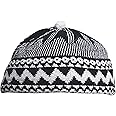 Kids Indigo Blue Zigzag Design Muslim Beanie Kufi Hat Crown with White Ball - Stretchable OneSize African Hat