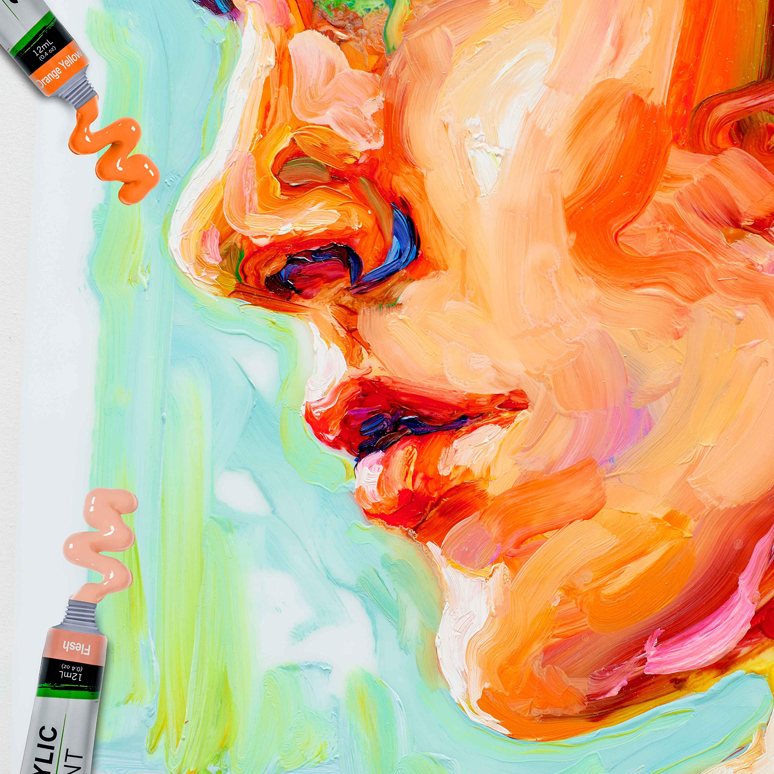 Professional 24 Color Set of Acrylic Paint in 12ml Tubes - Rich Vivid Colors for Artists, Students, Beginners - Canvas Portrait Paintings - Color Mixing Wheel