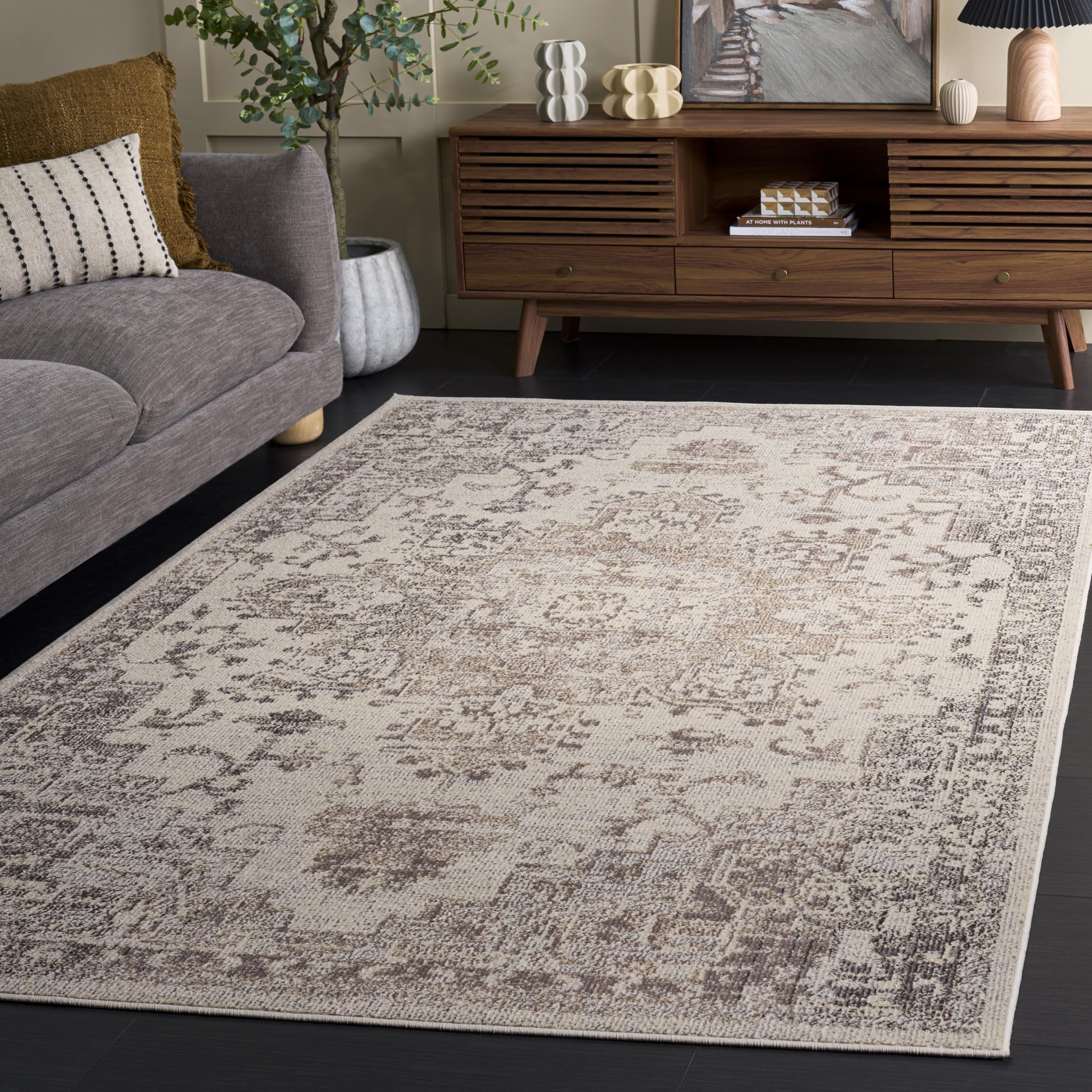 SAFAVIEH Madison Collection - 5'3" x 7'6", Ivory & Beige Grey, Boho Chic Distressed Medallion Design, Non-Shedding & Easy to Clean, Ideal for Living Room, Bedroom, Dining Space (MAD473G) Image