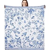 Blue Floral Bird Throw Blanket, Blue and White Chinese Style Soft Cozy Flannel Blanket, Vintage Botanical Decor Gift for Women Mom Lovers (50 x 60 Inches)