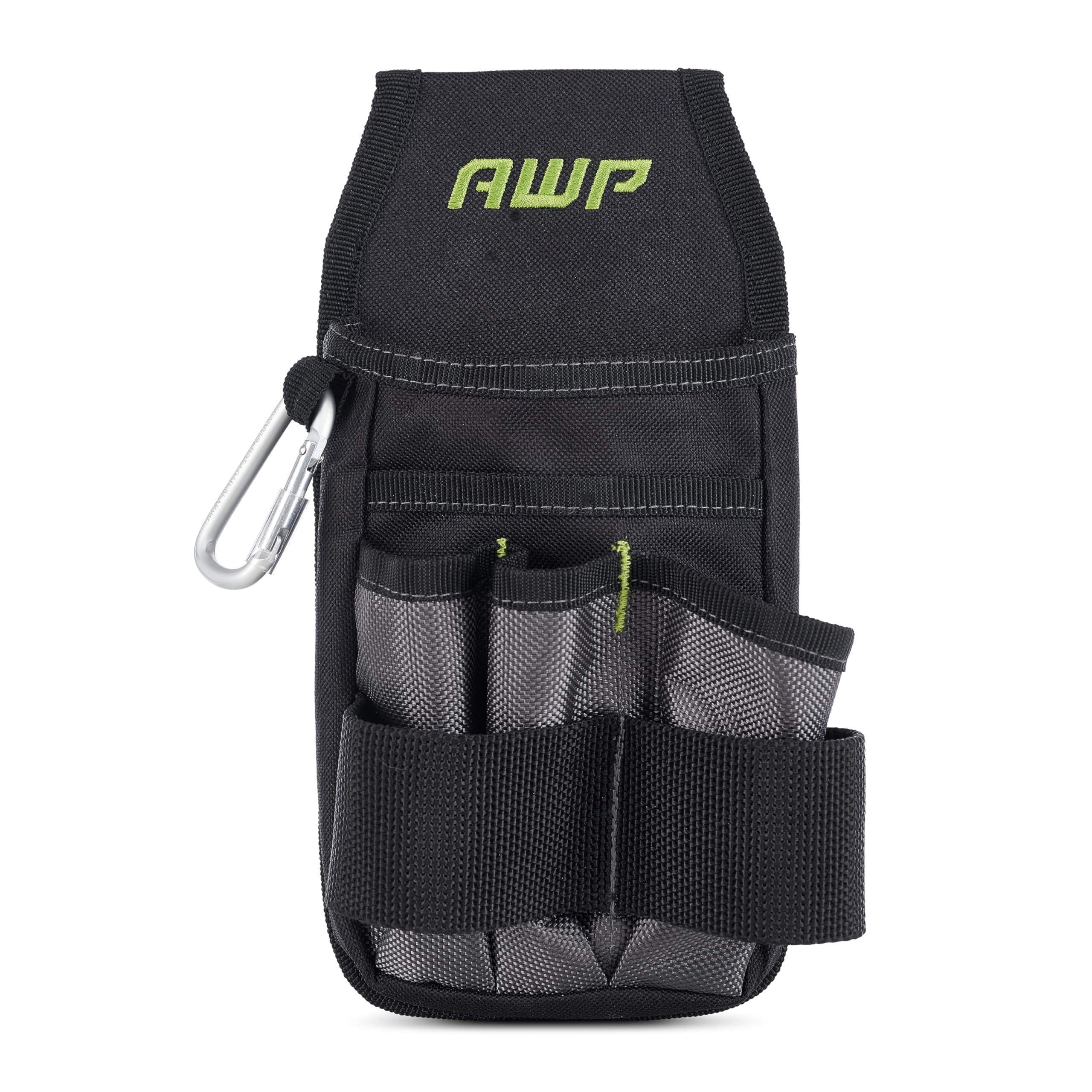 AWP L-804-1 Organizer Tool Pouch | 7 Pockets & Loops for Tool Organization | Heavy-Duty Metal Belt Clip Attachment, Black and Gray