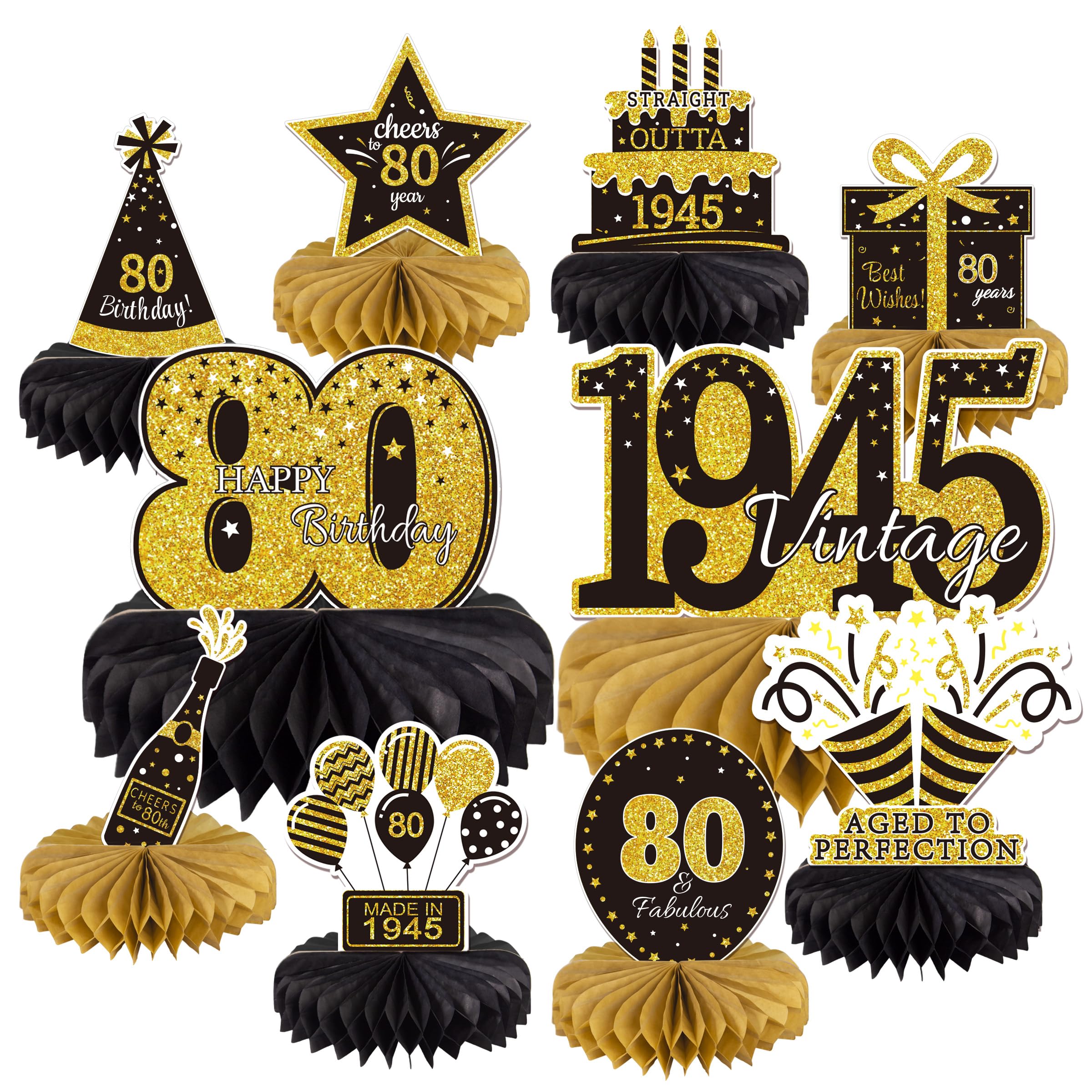 Photo 1 of 10PCS 80th Birthday Decorations Centerpieces for Table Decorations, 2025 Vintage 1945 Honeycomb Table Topper Back in 1945 Birthday Party Decoration for Men and Women (Gold & Black, 80 Years)
