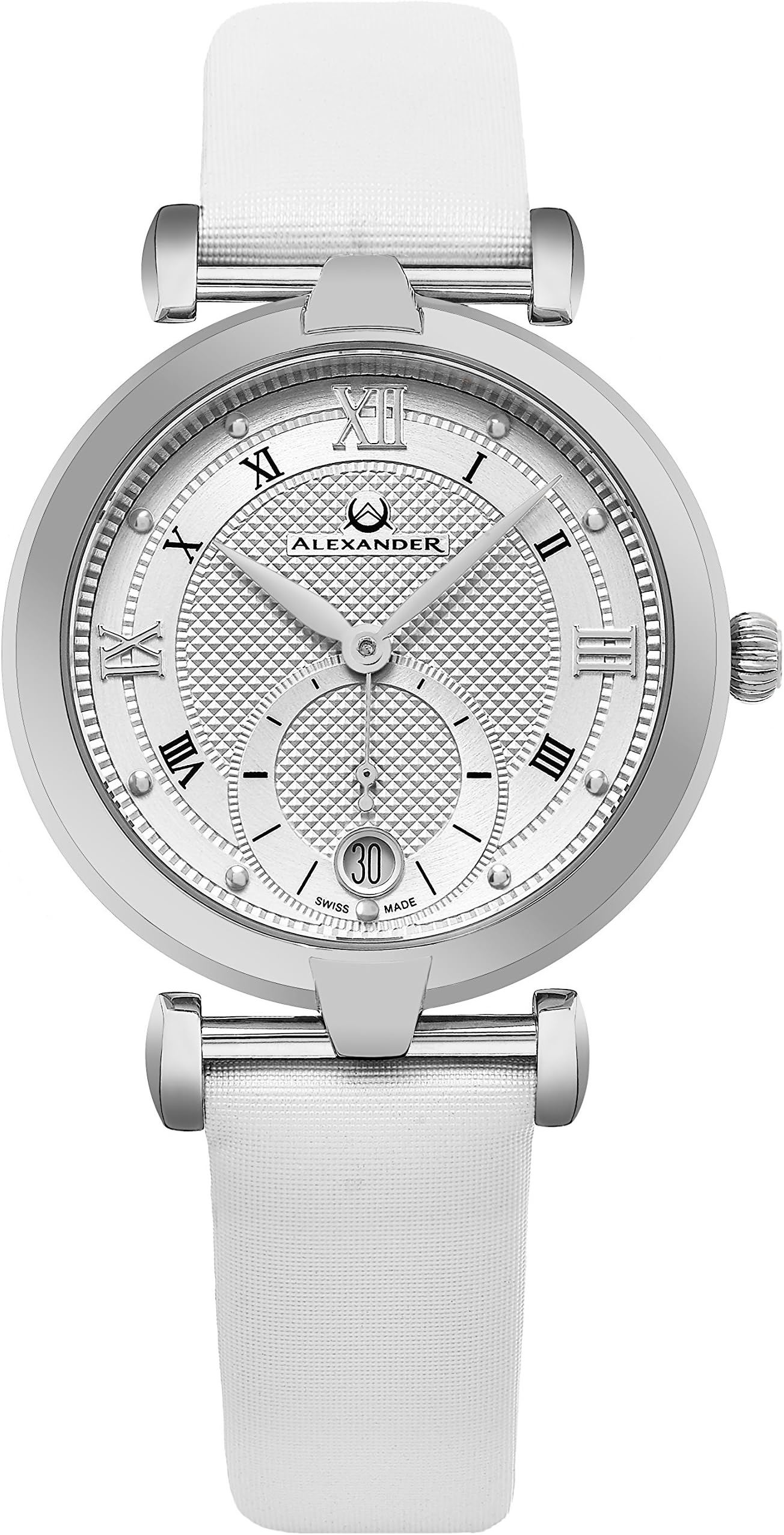 Monarch Olympias Date Silver Large Face Watch for Women - Swiss Quartz Stainless Steel White Satin Leather Band Elegant Ladies Dress Watch A202-01