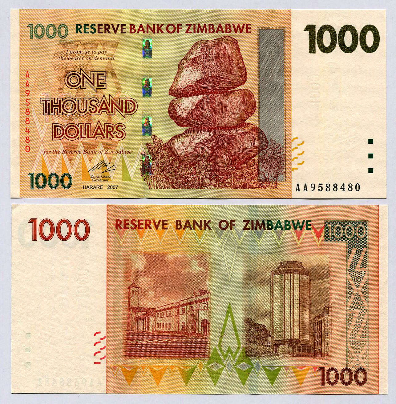 Zimbabwe 1000 Dollars 2007 UNC, World inflation, currency banknotes