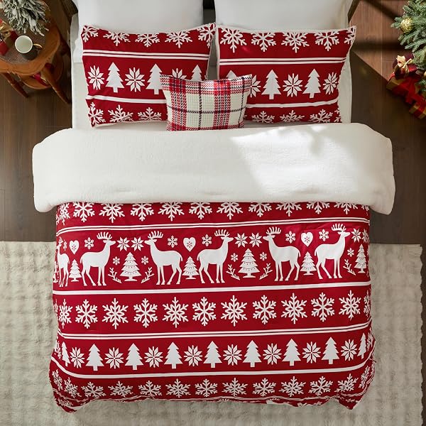 BEDSURE FLUFFY CHRISTMAS COMFORTER SET QUEEN – CHRISTMAS REVERSIBLE SHERPA FLEECE BEDDING, RED WARM BED SETS FOR WINTER, 3 PIECES, 1 SOFT PLUSH SHAGGY COMFORTER WITH 2 PILLOWCASES