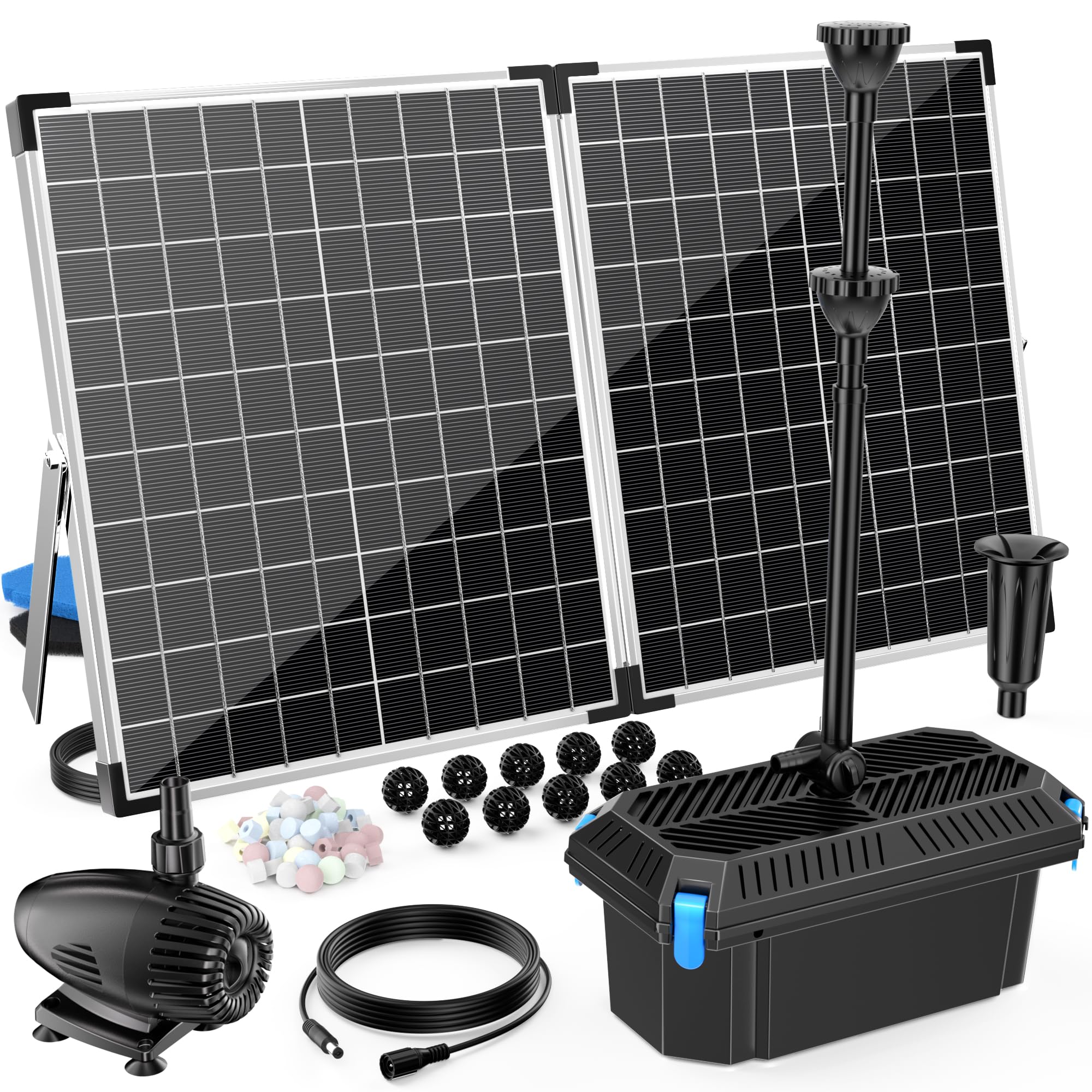 Photo 1 of Antfraer 55W Solar Pond Filter, Solar Fountain Pump with Pond Filter Kit, Double Layer Nozzles for Outdoor Pond Garden Fountain Waterfall Water Feature