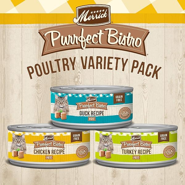 MERRICK PURRFECT BISTRO GRAIN FREE PREMIUM CANNED PATE ADULT WET CAT FOOD, VARIETY PACK, CHICKEN, DUCK, TURKEY – (PACK OF 1) 8.25 LB. CANS