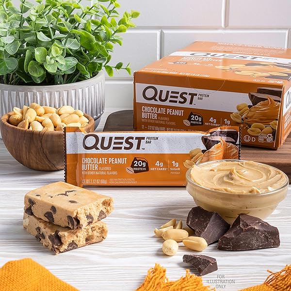 QUEST NUTRITION CHOCOLATE PEANUT BUTTER BARS, 20G PROTEIN, 1G SUGAR, 4G NET CARB, GLUTEN FREE, KETO FRIENDLY, 12 COUNT