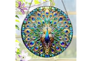 Stained Glass Window Hanging, LAOWEIKI 8'' Peacock Suncatcher, Stained Glass Ornament, Suncatchers for Windows Hanging, Window Decor, Outdoor or Indoor, Gifts for Women, Lovers, Couple, Friend, Bestie