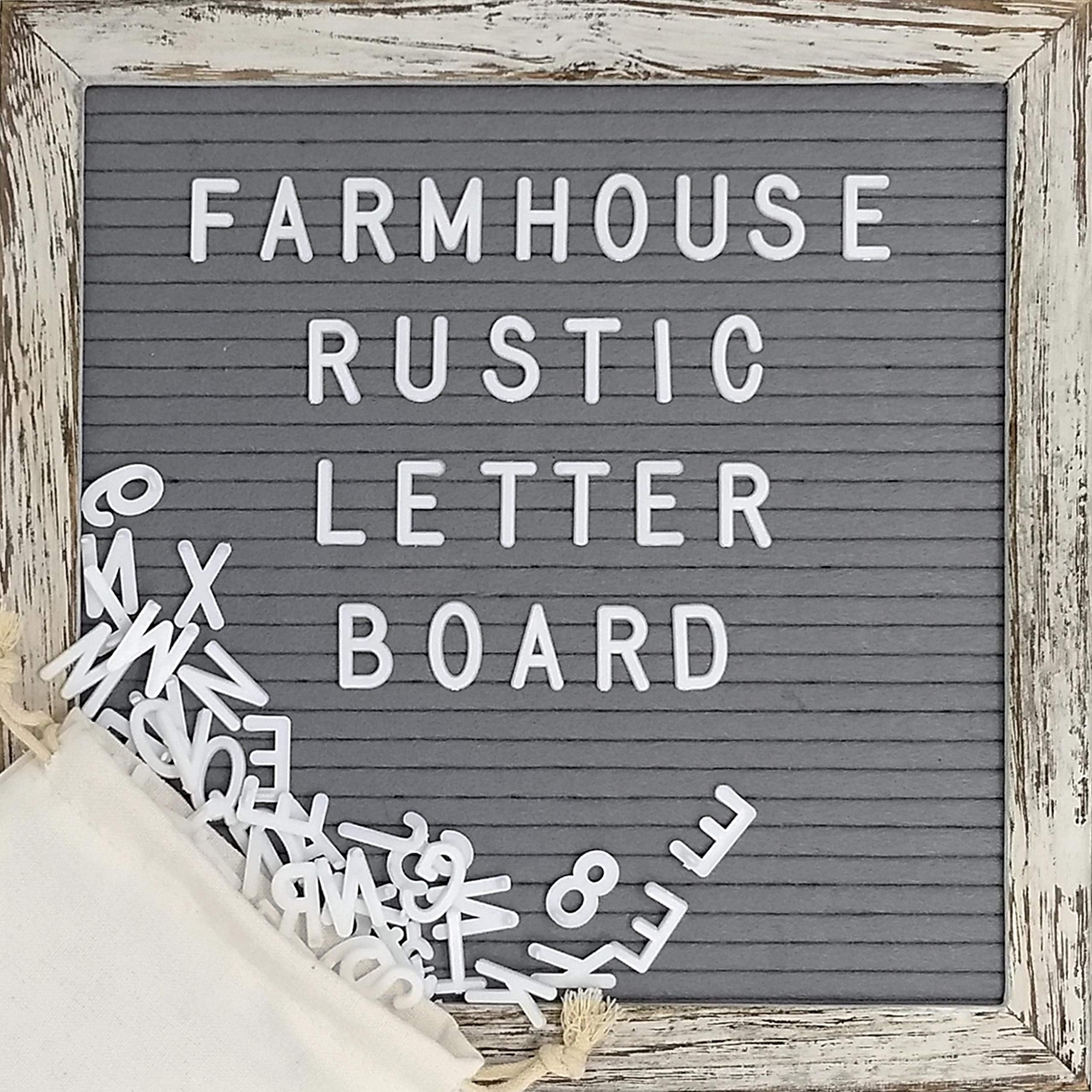 Felt Letter Board, Memo Board with Shabby Chic Farmhouse Rustic Wood Frame, Gray Felt, Changeable Message with 374 Precut White Letters, Emojis, Wall Hook, Canvas Bag and Stand