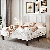 SHA CERLIN Full Size Velvet Bed Frame with Vertical Channel Tufted Wingback Headboard, Upholstered Platform Bed with Wood Sla