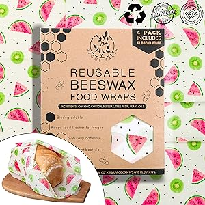 Hygge Earth - Reusable Beeswax Food Wraps | 4 Pack - S, M & L (Incl XL Bread Wrap) Reusable Organic Eco Friendly Natural Storage Alternative to Plastic. Wraps with Jojoba Oil