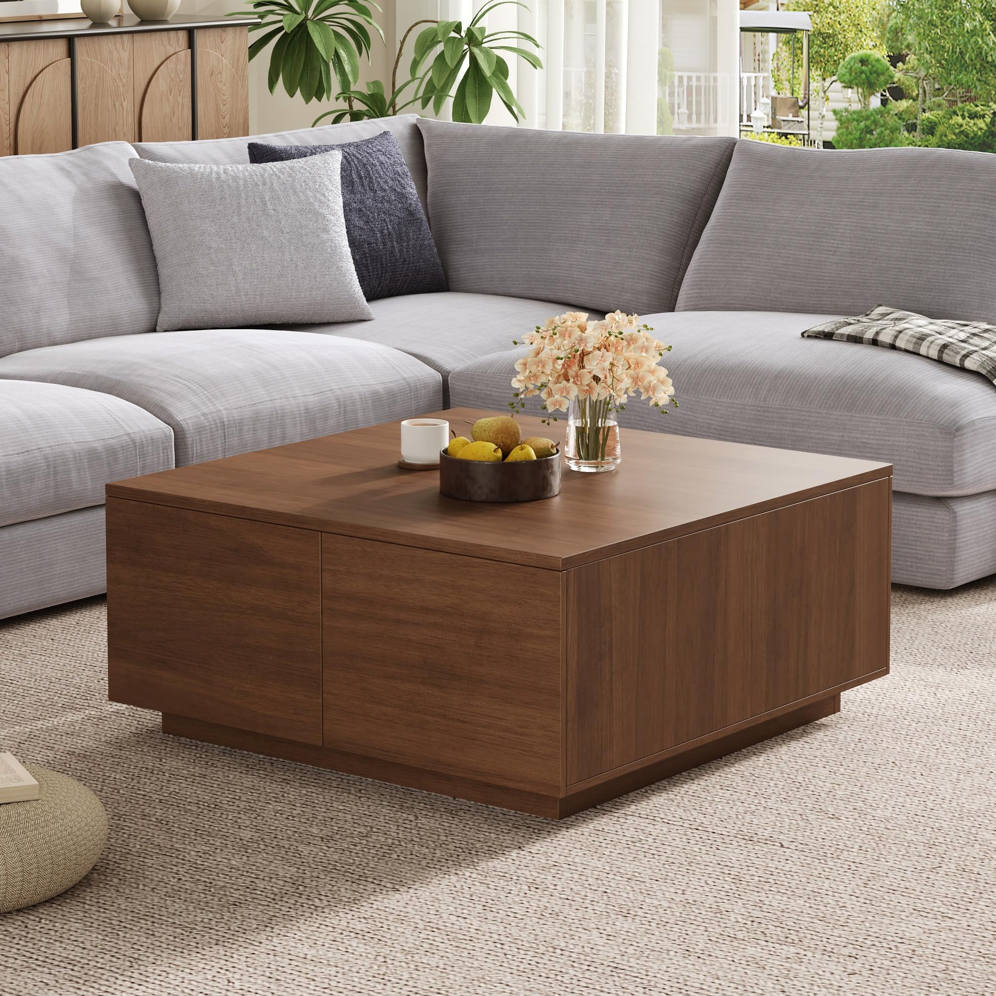 Photo 1 of **PARTS ONLY** Merax Modern Square Coffee Table with 4 Hidden Storage Drawers, 33.25" Wood Center Tables for Living Room, Minimalist Design, Easy Assembly, Walnut
