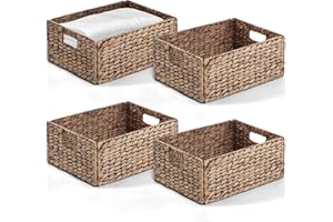 BLUEWEST Woven Baskets for Storage Set of 4, Natural Water Hyacinth with Firm Built-in Handles, Multifunction Handwoven Basket for Organizing Kitchen/Bathroom/Laundry Room/Wardrobe/Living Room