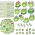 Xqumoi 114Pcs Frog Stationery and School Supplies Set - Cute Summer Frog Sticky Notes, Paper Clip Bookmarks, Frog Decal Sticker and Pencils, Assorted Mini Erasers, Back to School Gift for Kids