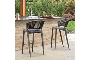 PURPLE LEAF Bar Stool Set of 2 Outdoor Rattan Bar Chair with Back Metal Bar Height Stool Wicker Barstool Grey