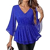 Gaharu Women's Formal Dressy Tops 3/4 Sleeve Double Layers Mesh Tunic Shirts Evening Party Blouse