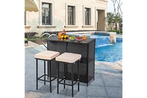Affmitime 3 Piece Patio Bar Set with Tempered Glass Tabletop, Outdoor Bar with Two Stools, All-Weather PE Rattan Tiki Bar for Outside Poolside Backyard(Espresso-Beige)