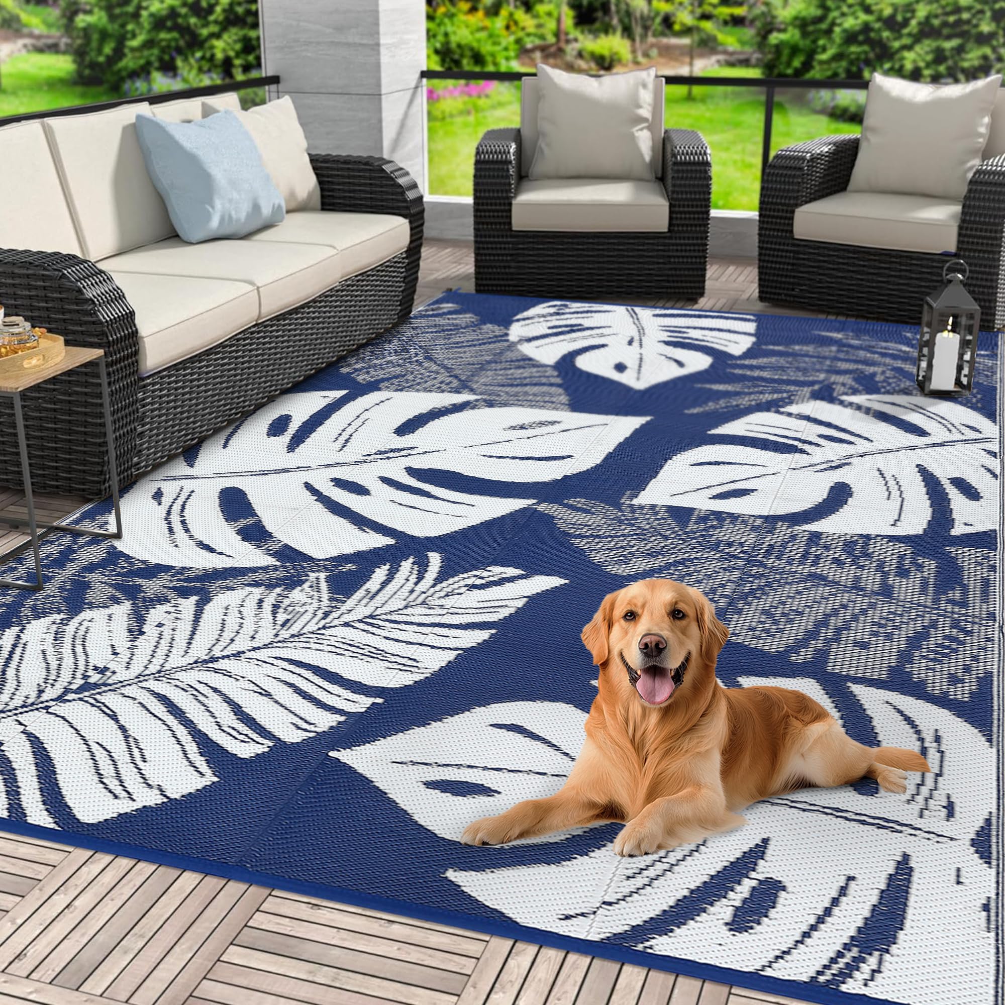 Photo 1 of **reference image the product may be diferent COZYLOOM Extra Large Outdoor Rug 10x20 Foldable Waterproof Patio Rug, UV Resistant Reversible RV Picnic Mat, Outside Plastic Straw Carpet for Yard Deck Garden Balcony, Blue