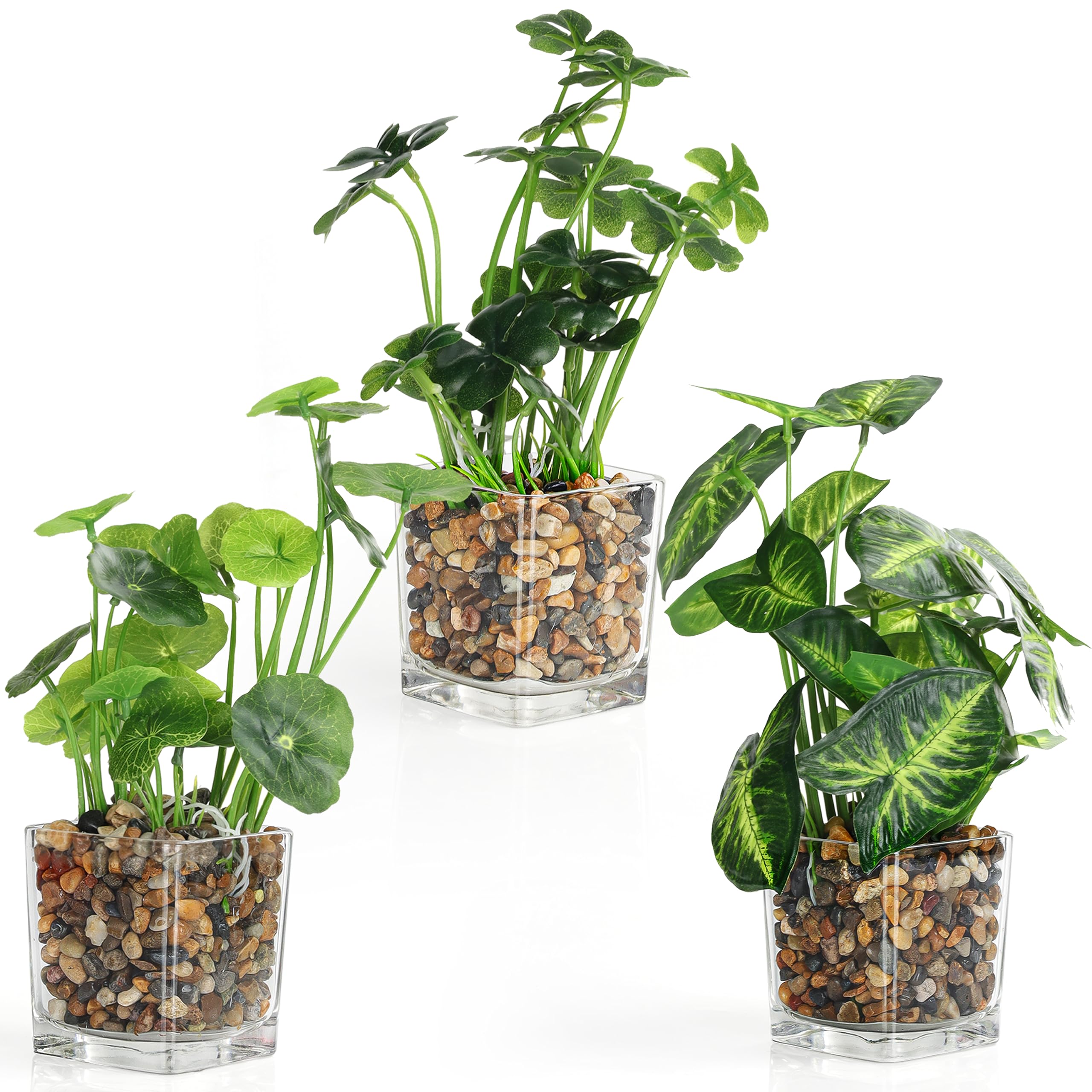 BELLE VOUS 3 Pack Plastic Artificial Faux Plants with Clear Glass Pots - Outdoor/Indoor Fake Greenery for Home, Garden, Wall Basket, Bushes/Shrubs, Wedding Centrepieces and Office Decor