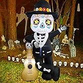 Joliyoou 6FT Halloween Inflatable Decoration, Lighted Blow Up Skeleton with A Guitar, Plug-In Holiday Indoor Outdoor Standing Decor for Spooky Party Day of the Dead (Skeleton Leaning Against A Guitar)