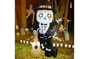 Joliyoou 6FT Halloween Inflatable Decoration, Lighted Blow Up Skeleton with A Guitar, Plug-In Holiday Indoor Outdoor Standing Decor for Spooky Party Day of the Dead (Skeleton Leaning Against A Guitar)