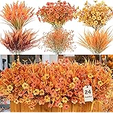 Alupssuc 24 Bundles Artificial Fall Flowers for Outdoors Decoration, UV Resistant Silk Daisy with Eucalyptus and Realistic Fake Autumn Plants for Outside Indoor Yard Home Patio Decor, Fall Orange Red