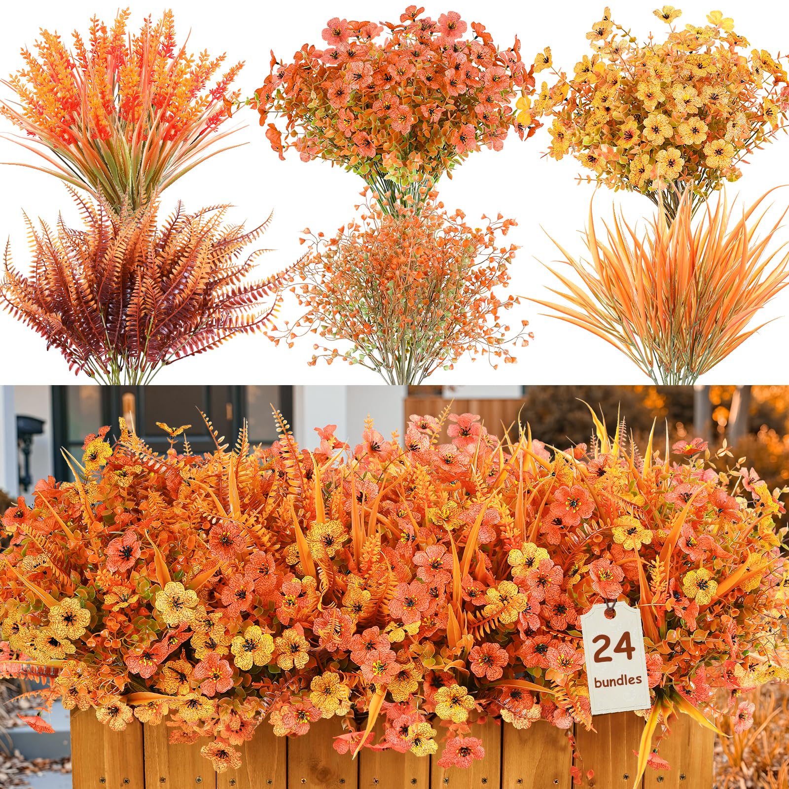 Photo 1 of Alupssuc 24 Bundles Artificial Fall Flowers for Outdoors Decoration, UV Resistant Silk Daisy with Eucalyptus and Realistic Fake Autumn Plants for Outside Indoor Yard Home Patio Decor, Fall Orange Red
