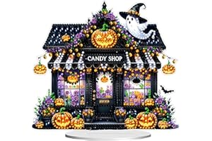 JJFox DIY Tabletop Diamond Art Painting Kit，7.77x7inch Special Shaped Rhinestone Desk Placement Ornament，Home Stand Up Gem Painting Craft Kit(Halloween Candy Shop)