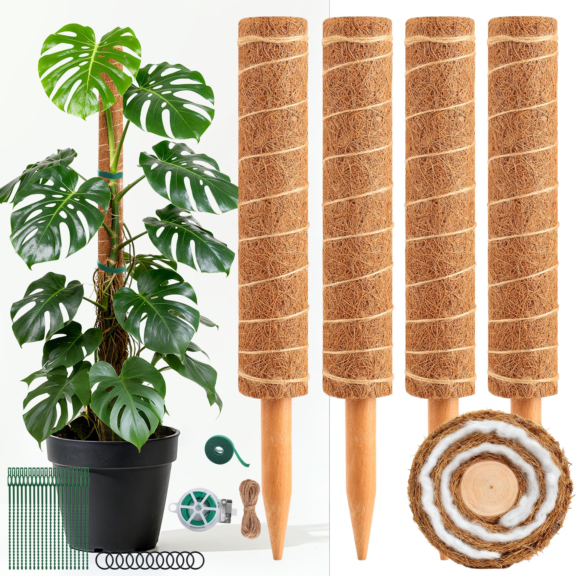Photo 1 of 48 Inch Monstera Plant Support, 4 Pack 16 inch Moss Pole for Monstera & Climbing Plants Coco Coir Plant Support with Water Retaining Cotton Core, Plant Ties Included